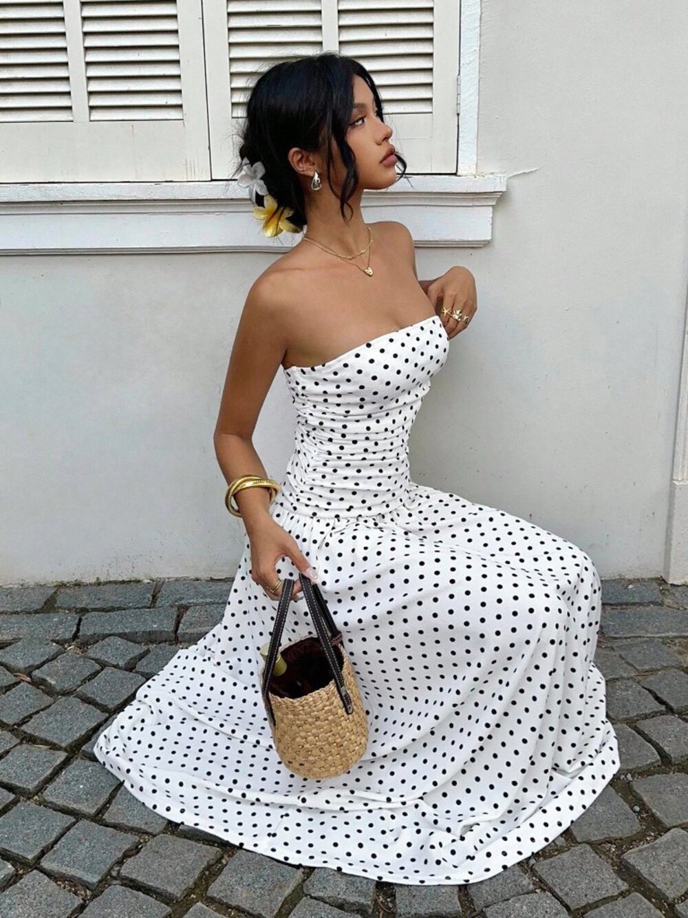 Black And White Casual Women's With Polka Dots Strapless Maxi Tube Dress - Picture 6 of 6
